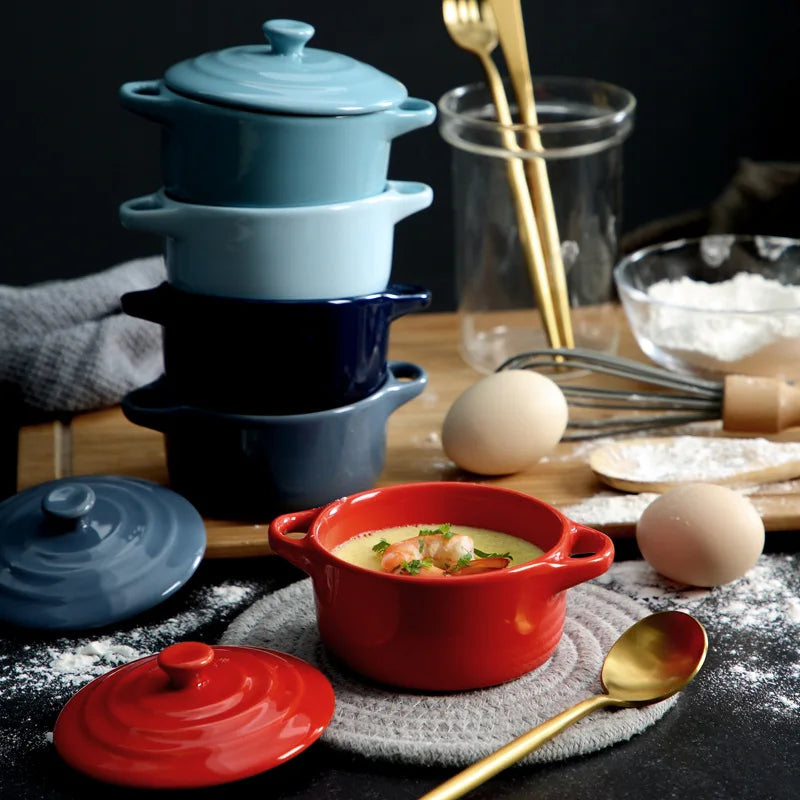 Porcelain Double-Handle Ceramic Bowl with Lid — Microwave & Steam Safe (13×7.5×9.8 cm | 5.12×2.95×3.86 in) for Steamed Eggs, Pudding & Soup