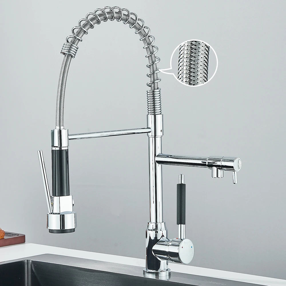 Pull-Down Spring Kitchen Faucet Single Lever Mixer Retractable Dual Spout Hot & Cold Stainless Steel