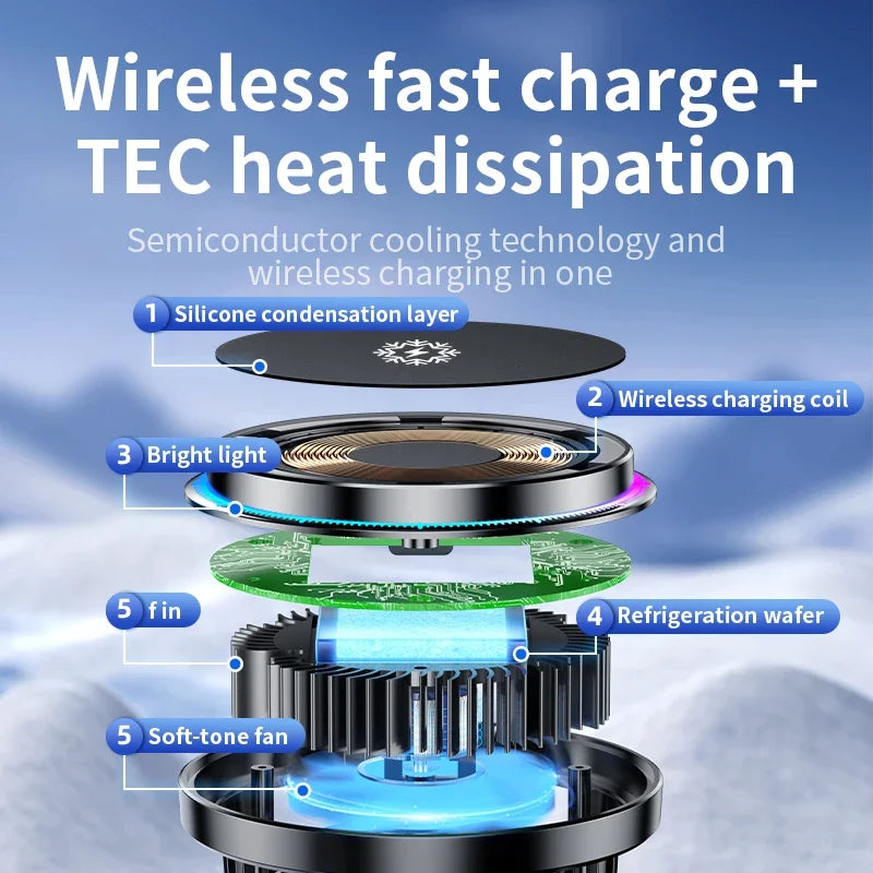 Ice Cooling Magnetic Wireless Car Charger 15W – MagSafe-Compatible Fast Charge Car Phone Holder with Cooling Fan & RGB LED
