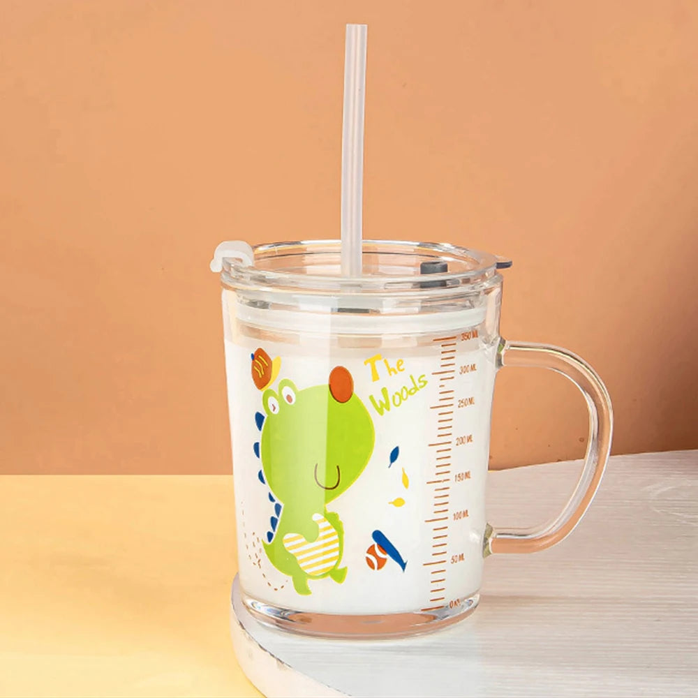 350ml Unicorn Kids Glass Cup with Straw Lid, Transparent Milk & Breakfast Cup with Measurement Scale