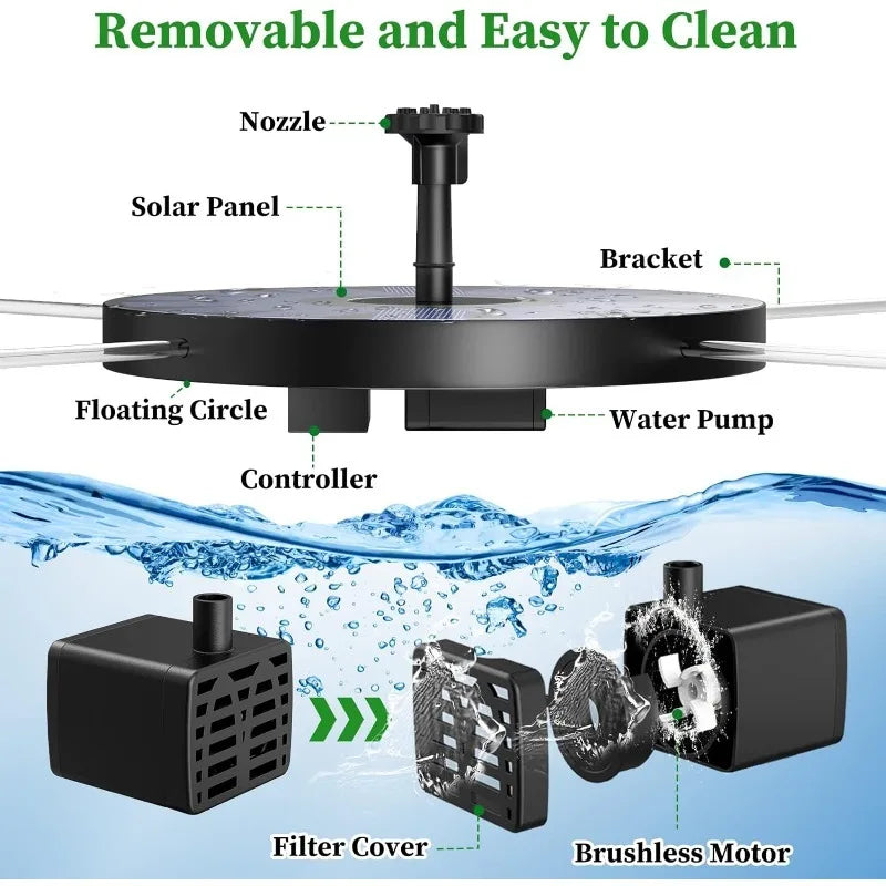 Solar Fountain Pump Kit for Garden Pond & Bird Bath — 1W, 1.5W, 2.5W with 6 Interchangeable Nozzles