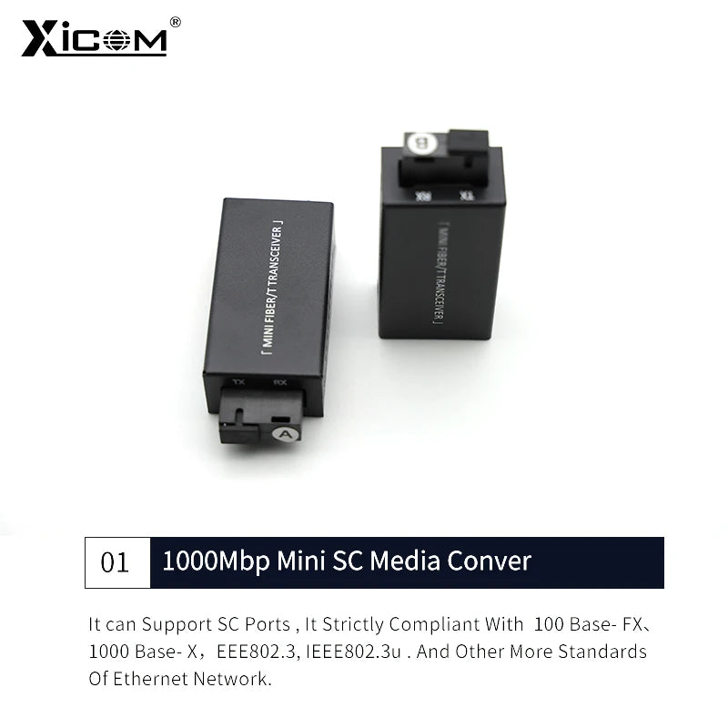 2-Pack Gigabit SC Fiber Media Converter 100/1000M RJ45 to Single-Mode 20 km (12.4 mi) Optical Transceiver with DC 5V Power Supply