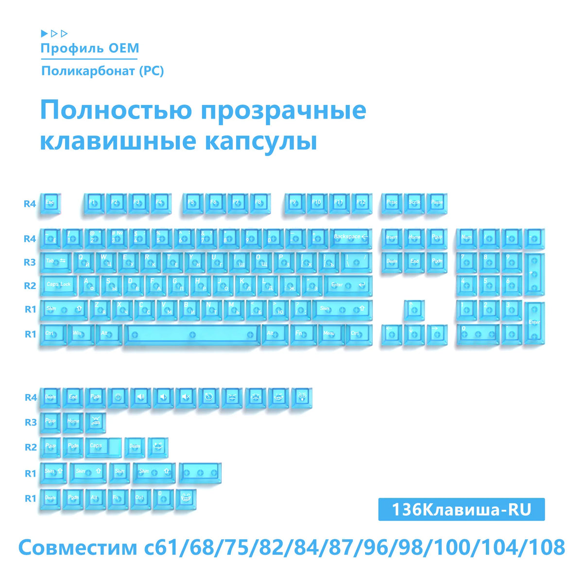 136-Key Transparent Multilingual Keycap Set for Mechanical Keyboards — EN/JP/RU/KR PC Compatible