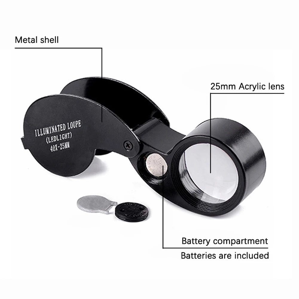 40X Jeweler's Loupe Pocket Folding Magnifier with LED Light for Watches, Coins, Stamps, Gems