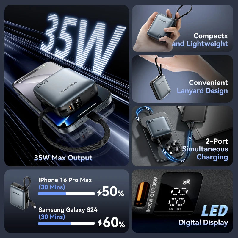 10000mAh 35W PD Fast Charging Power Bank with Built-in USB-C & Lightning Cables Compact Portable Charger for iPhone and Android