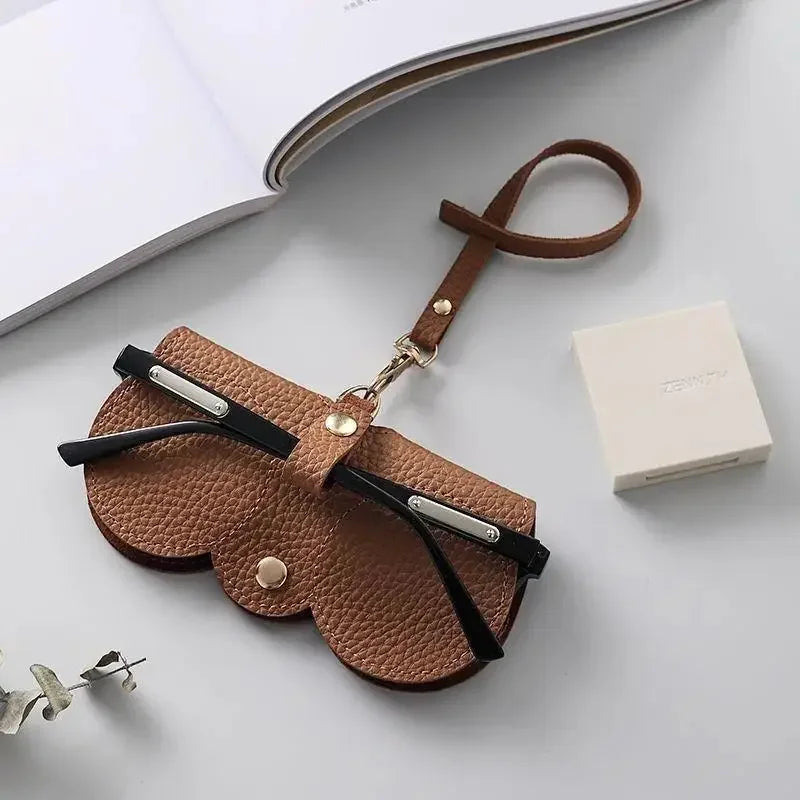 Litchi Embossed PU Leather Sunglasses Case with Hanging Strap Portable Eyewear Pouch for Sunglasses and Reading Glasses