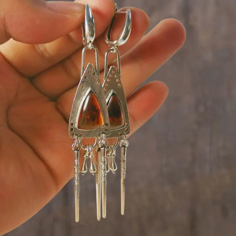 Boho Triangle Waterdrop Stone Drop Earrings - Orange Geometric Statement Earrings for Women