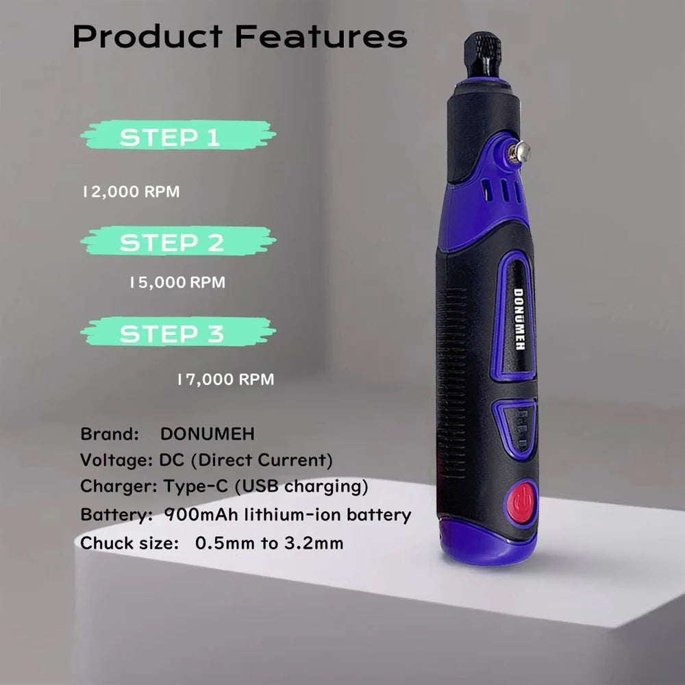 Mini Cordless Rotary Tool 3-Speed USB Type-C Grinder & Engraving Pen Set – Portable Electric DIY Drill with Accessories