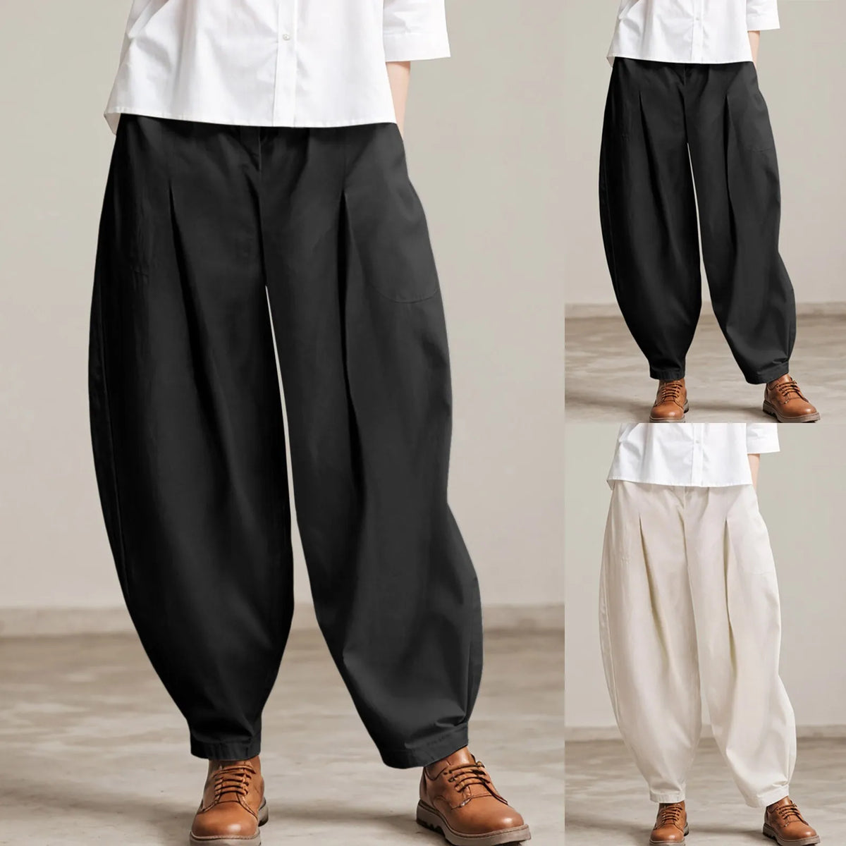 Women's Harem Wide-Leg Pleated Pants - Elastic Waist with Pockets, Casual Trousers