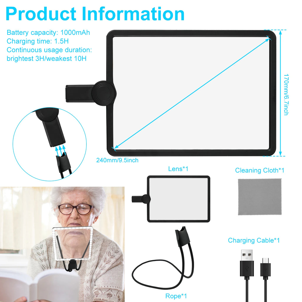 5X Hands-Free Neck Magnifier with LED Light — 9.4×6.5 in (240×170 mm) Large Reading Lens, Dimmable & Rechargeable, 3-in-1 Neck/Handheld/Stand