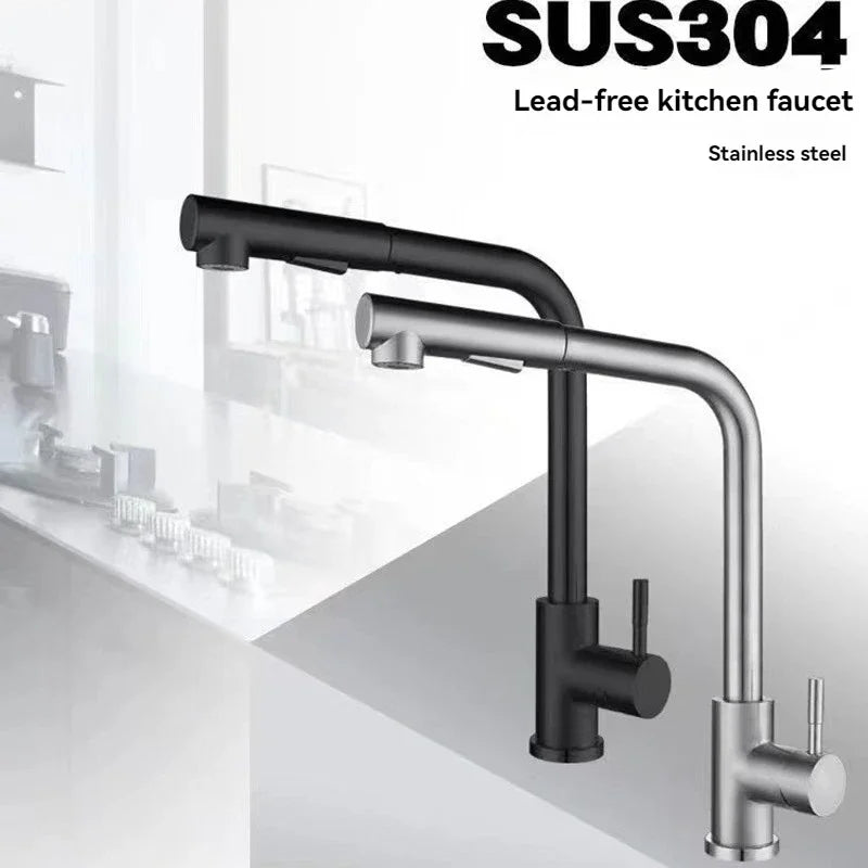 Matte Black Pull-Out Kitchen Faucet – 304 Stainless Steel Single-Handle, 360° Swivel, Ceramic Valve, Stream & Spray