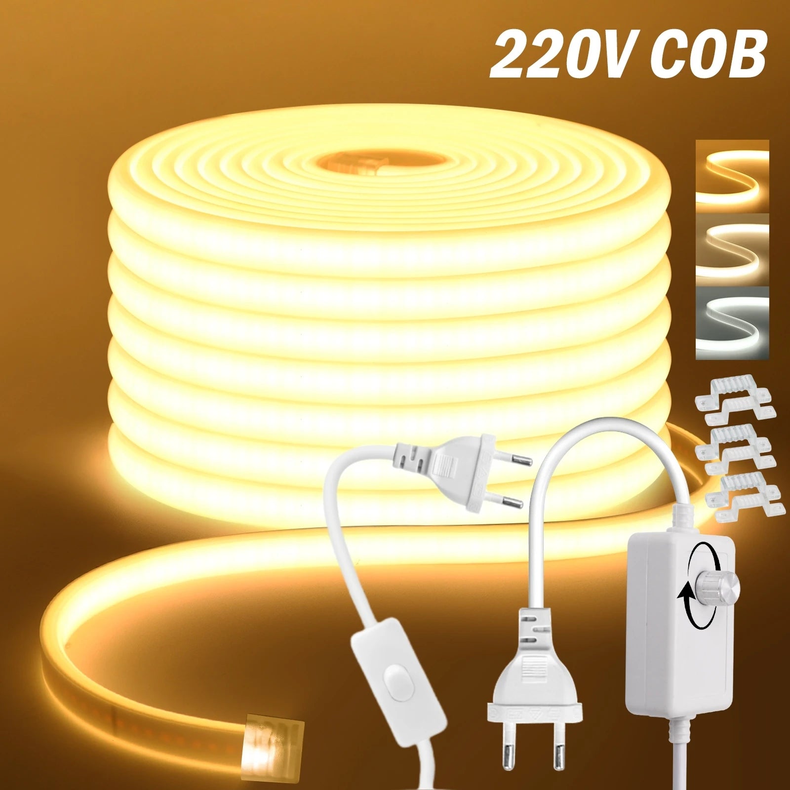 COB LED Strip Light 220-240V EU Dimmer Plug IP67 Waterproof Tape, 3000K/4000K/6000K, 288 LEDs/m
