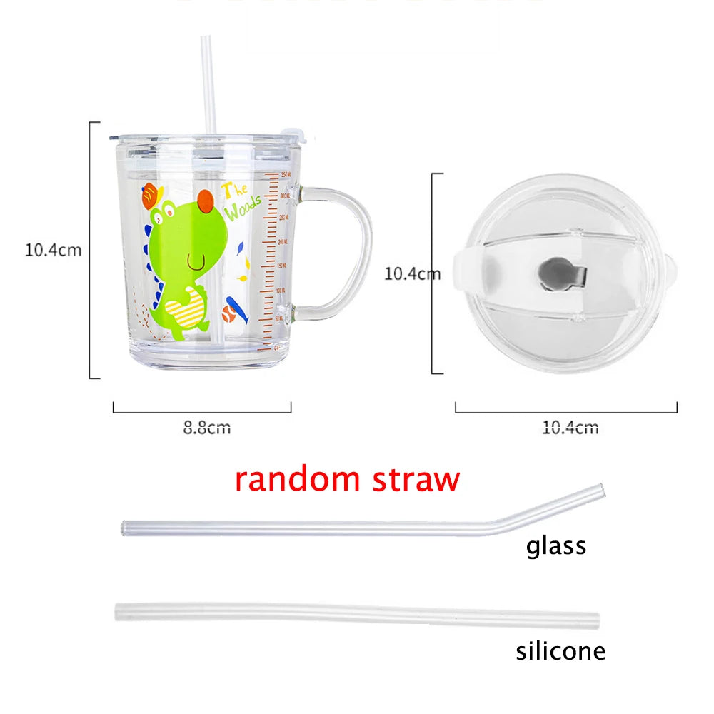 350ml Unicorn Kids Glass Cup with Straw Lid, Transparent Milk & Breakfast Cup with Measurement Scale