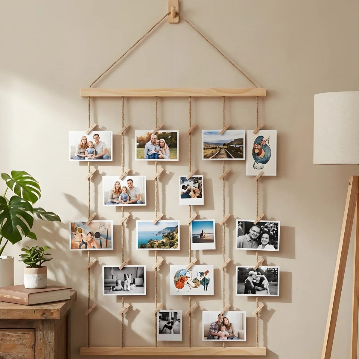 Wooden Hanging Photo Collage Frame with 30 Clips – Wall Photo Display, Approx. 50 cm x 95 cm (19.7 in x 37.4 in)