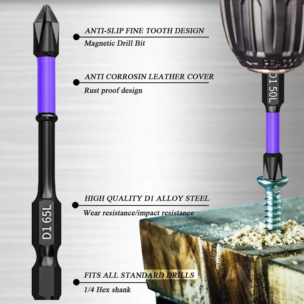 6/12-Piece Magnetic Impact Screwdriver Bit Set — Non-Slip Shockproof Phillips Torsion Bits, 1/4 in (6.35 mm) Hex Shank, Alloy Steel