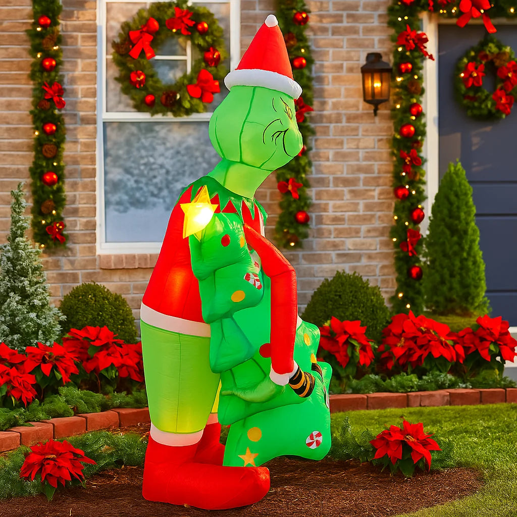 6.8 ft (2.07 m) Grinch Holding Christmas Tree Inflatable Yard Decoration – Outdoor Holiday Decor, Plug-In Inflatable
