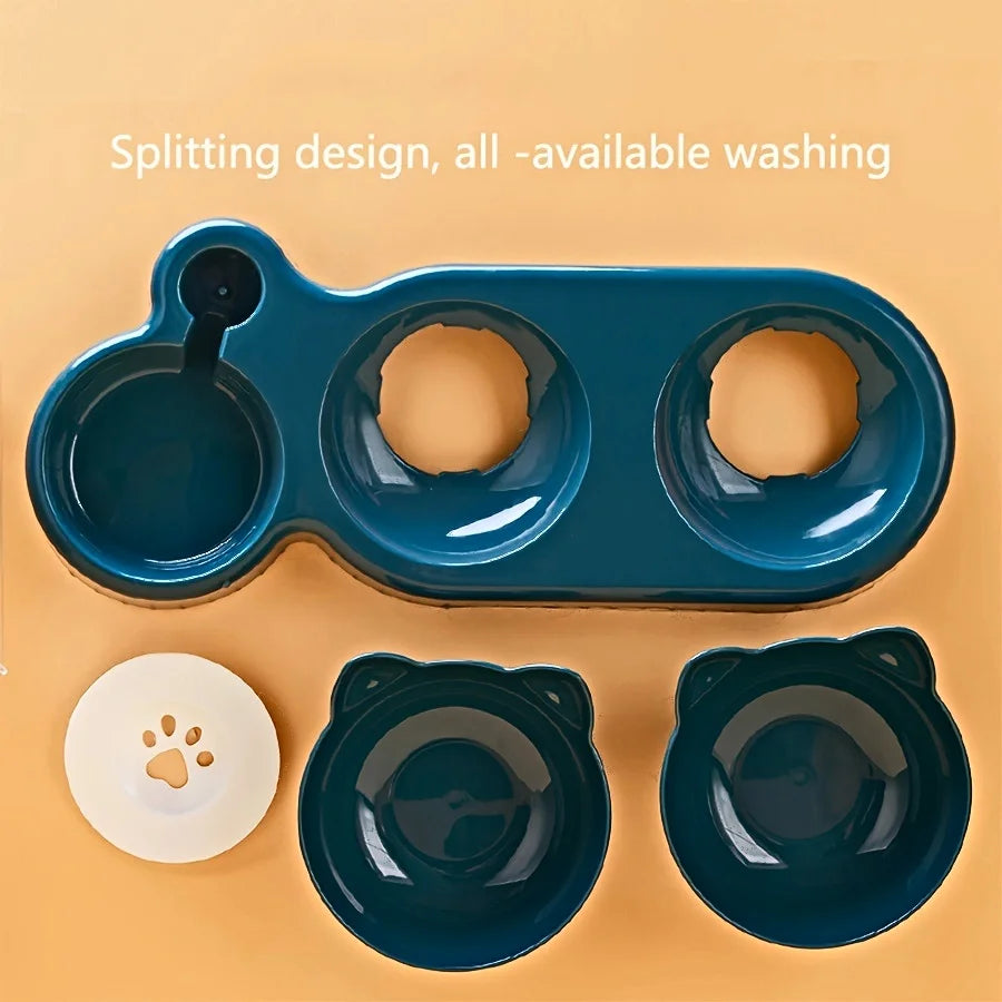 3-in-1 Tilted Cat Food & Water Bowl Set with Gravity Water Feeder — Ear Design for Neck Protection
