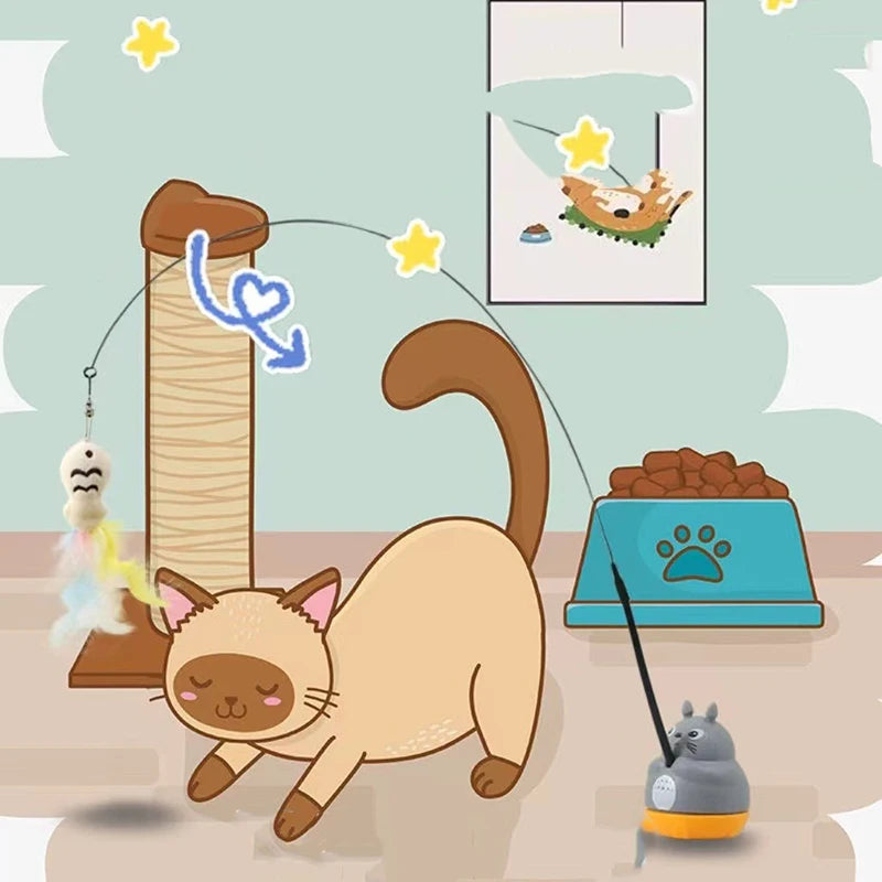 Interactive Feather Wand Cat Toy – Long Steel-Wire Pole Rotating Fishing Teaser for Kittens & Cats