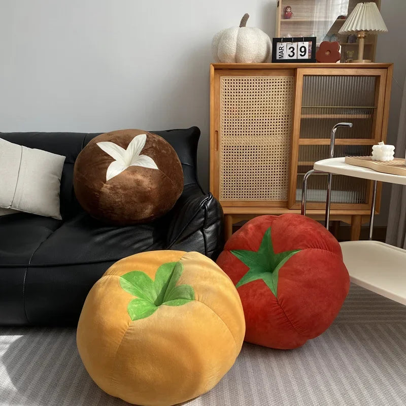 Thickened Round Seat Cushion Plush — Tomato Mushroom Persimmon Vegetable Pillow for Window Seat & Bedroom, Removable & Washable