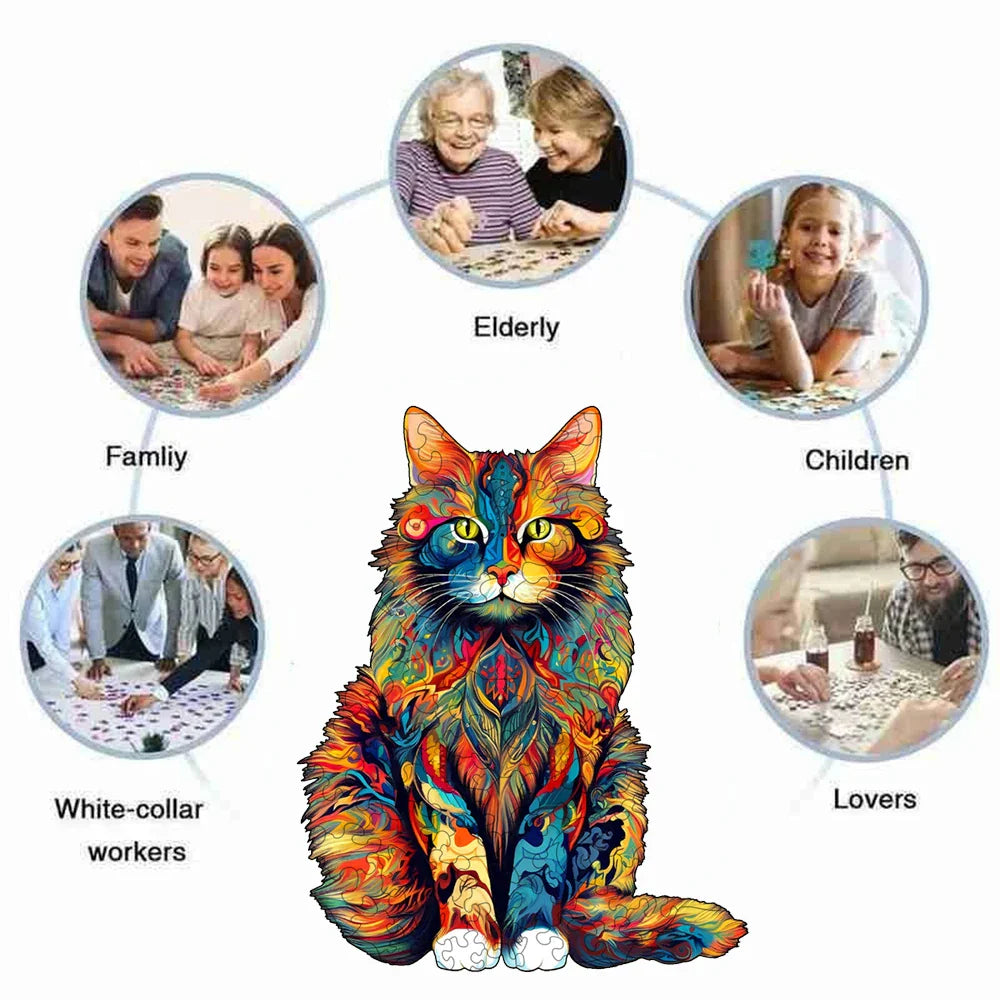 Color Changing Cat Wooden Puzzle - Irregular Animal Jigsaw, High-Difficulty Brain Teaser Toy