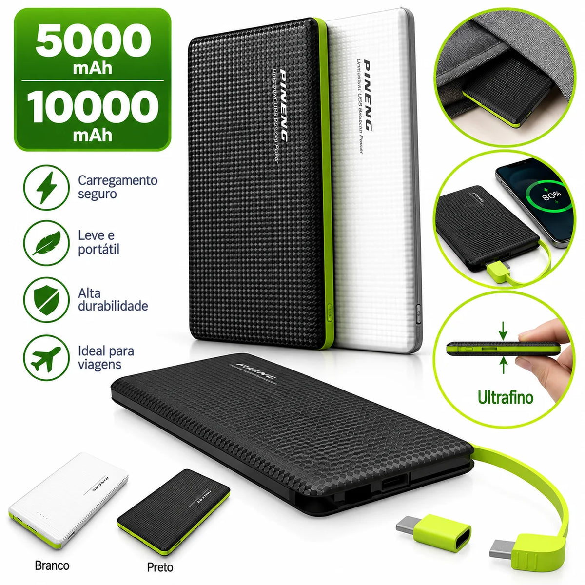 Power Bank Portátil 5000/10000mAh Bateria Externa Compacta Carregamento Rápido USB-C Lightning Micro USB