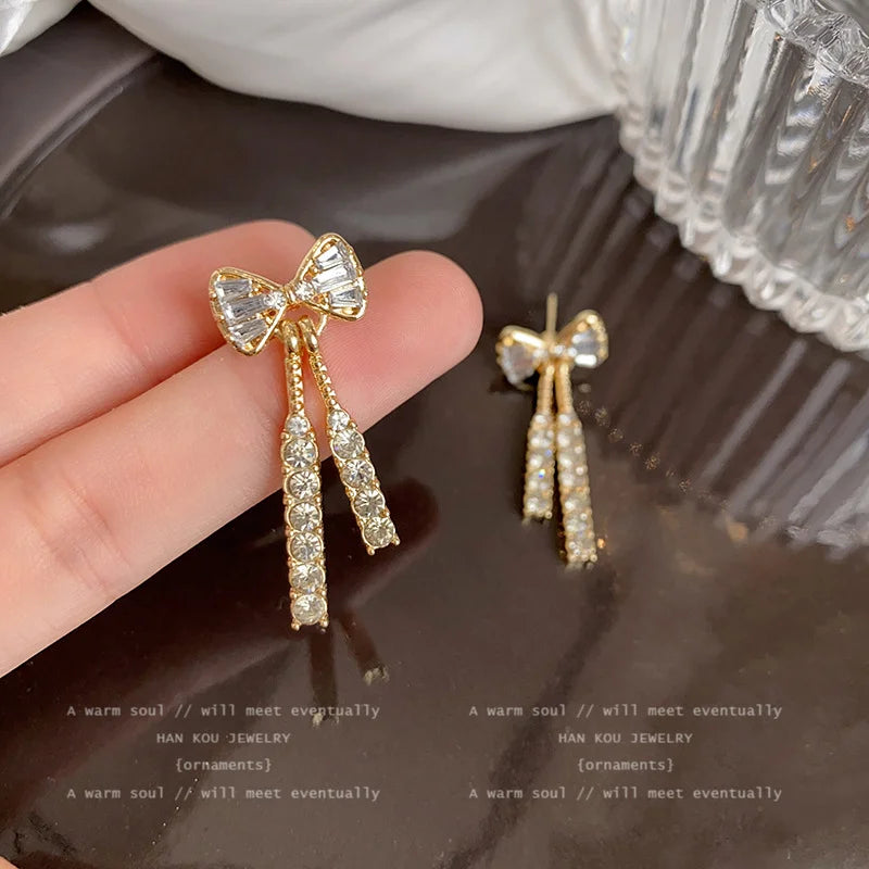 Gold Tone Rhinestone Bow Dangle Stud Earrings, Dainty Gift for Women