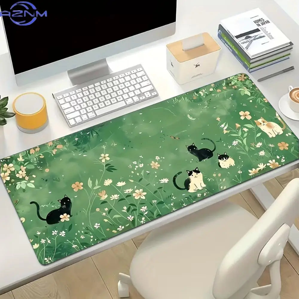 Cute Cat Floral XXL Extended Gaming Desk Mat - Non-Slip Rubber Base with Locking Edge Mouse Pad for Laptop, PC & Home Office