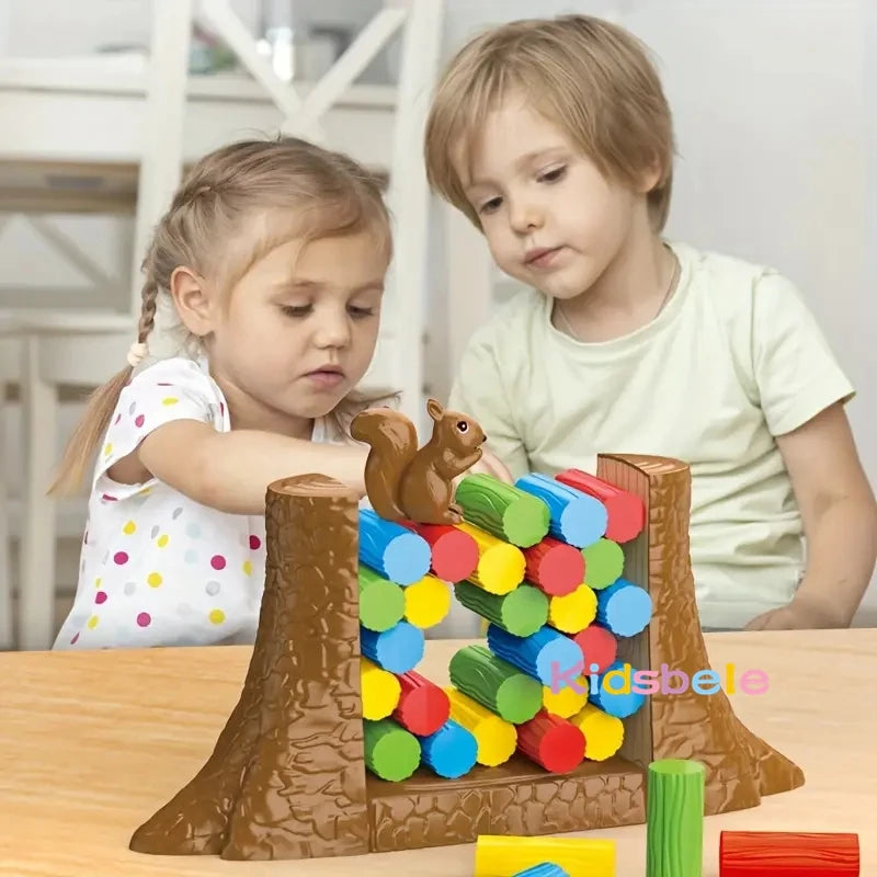 Kids Balance Tower Stacking Game - Squirrel Rescue Block Puzzle with Roulette Spinner, Family Party Game