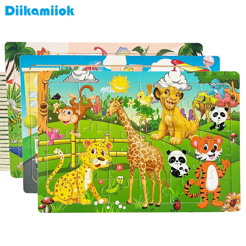 30-Piece Wooden Jigsaw Puzzle for Kids, Cartoon Animals & Vehicles, Early Learning Toy