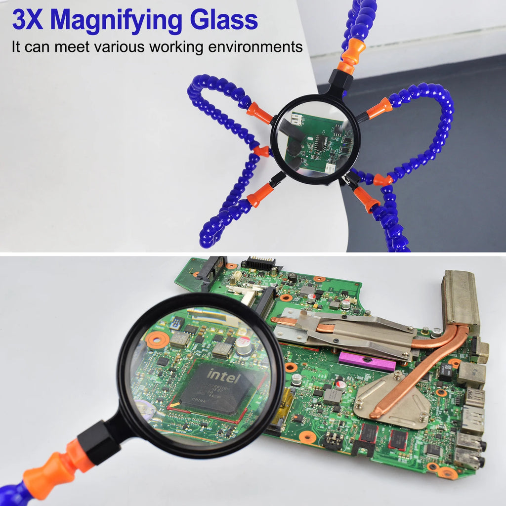 3X (55mm) Magnifier Soldering Helping Hands with PCB Holder and 5 Flexible Arms, Desk Clamp Station