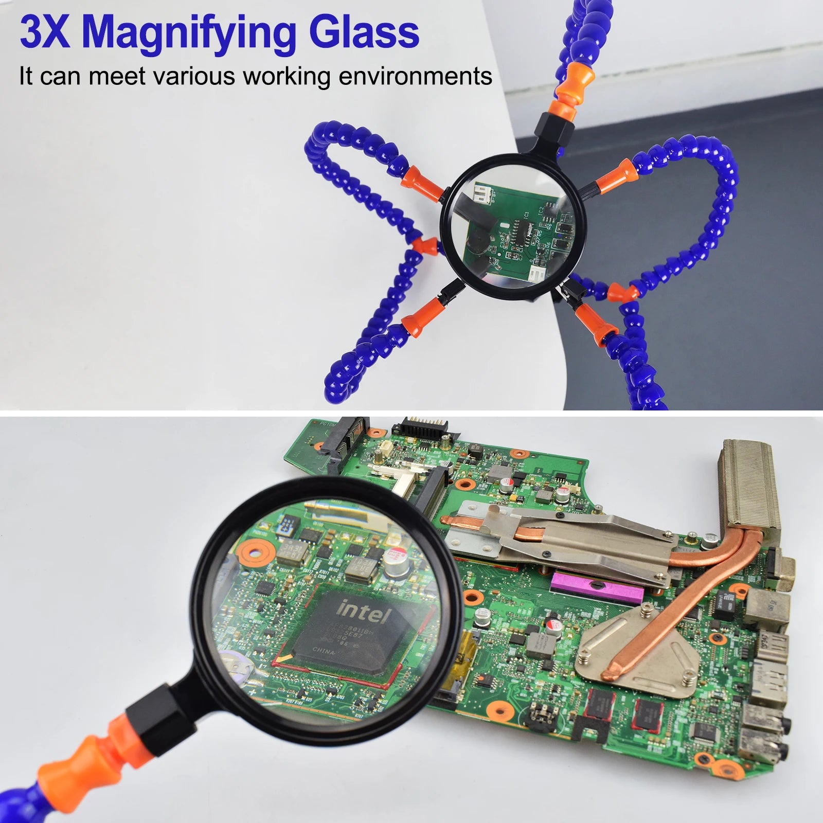 3X (55mm) Magnifier Soldering Helping Hands with PCB Holder and 5 Flexible Arms, Desk Clamp Station