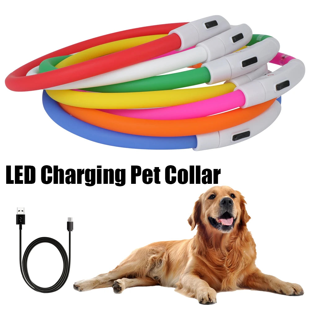 Rechargeable USB LED Dog Collar - Waterproof Luminous Silicone Night Safety Collar, Adjustable Trim-to-Fit