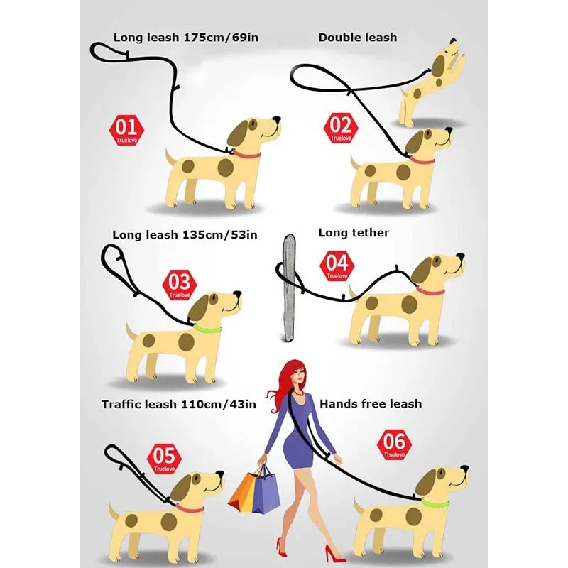 7-in-1 Adjustable Hands-Free Dog Leash - Reflective Multi-Function Double Lead for 2 Dogs (2.0 m / 6.6 ft, 2.5 m / 8.2 ft)