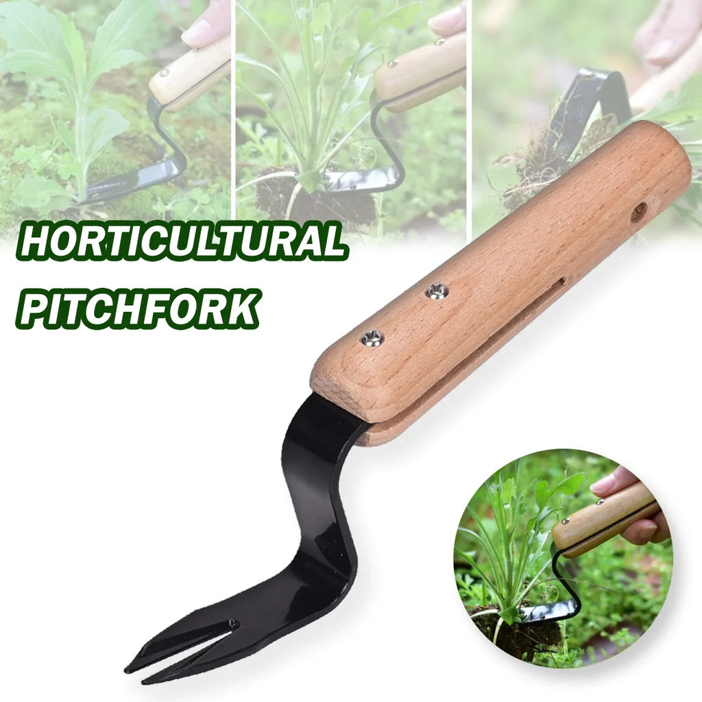 Handheld Dandelion Puller & Garden Fork – Carbon Steel Weeder with Wooden Handle for Lawn Care