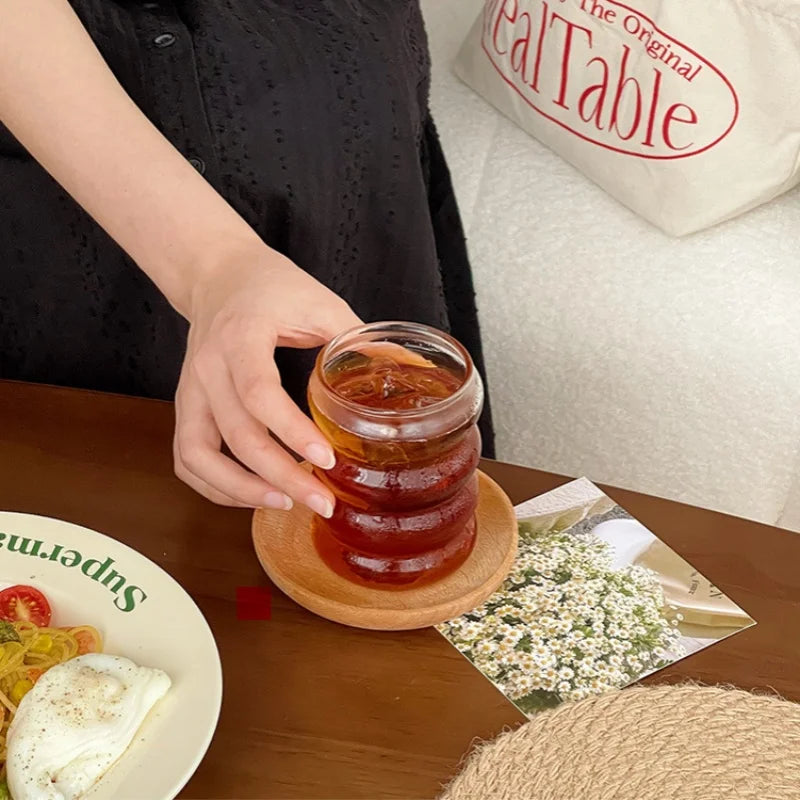 Retro Ribbed Corrugated Glass Cup - Clear Drinking Glass for Coffee, Tea, Juice & Milk