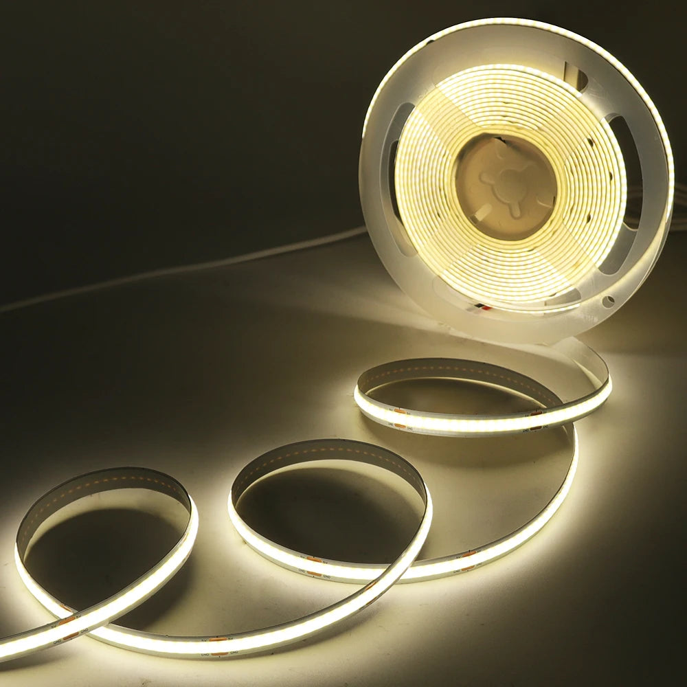 5V COB LED Strip Light with Motion Sensor – USB or 4×AAA Battery Powered, 320 LEDs/m, Cuttable, 0.5–5m (Warm to Cool White + RGB)