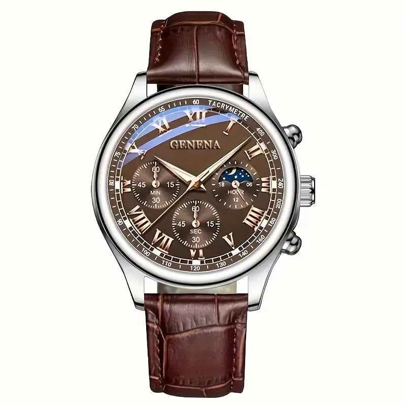 Men's Quartz Leather Strap Watch - 40mm Round Alloy Case, Business Casual Sport, Water-Resistant Luminous Dial
