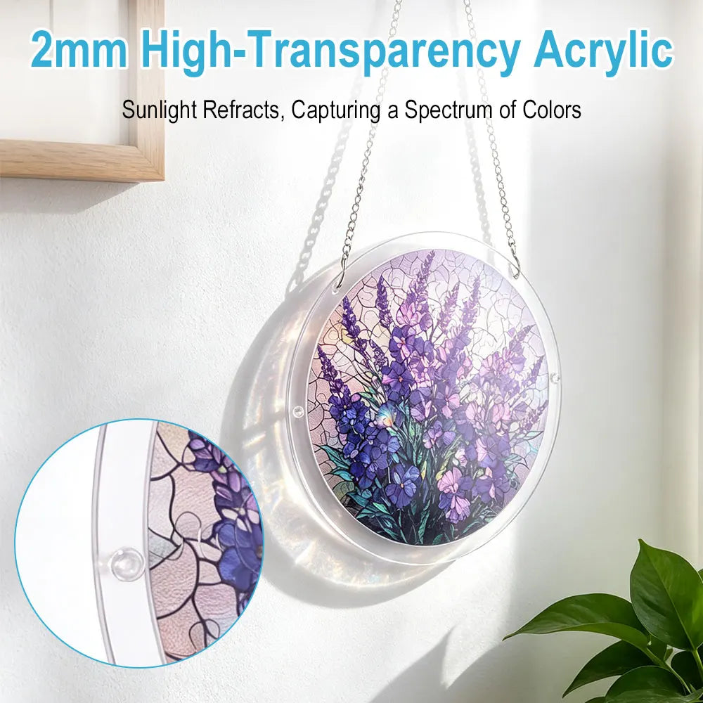 Lavender Acrylic Suncatcher Puzzle — 7.4 in (18.8 cm) Floral Window Hanging Sun Catcher, Home Decor & Gift