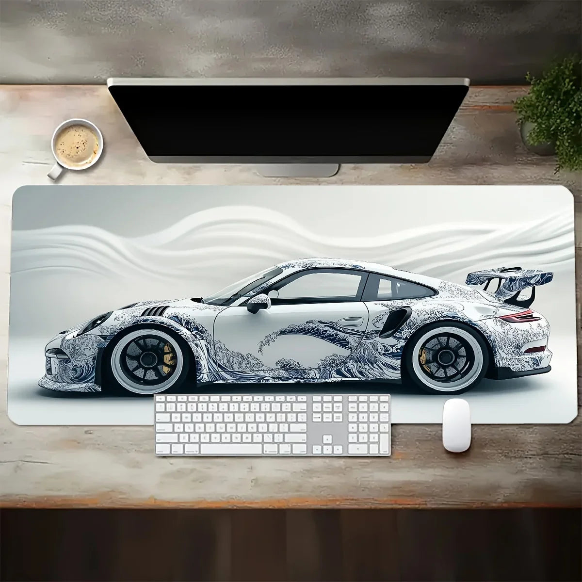 Large Extended Gaming Mouse Pad – White Sports Car Design, Anti-Slip Rubber Base Desk Mat for Gamers & Office