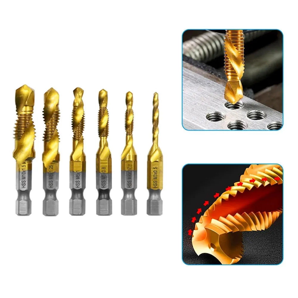6-Piece High-Speed Steel (HSS 4341) Titanium-Plated Tap & Drill Set - Integrated Machine Taps with Chamfering Tools