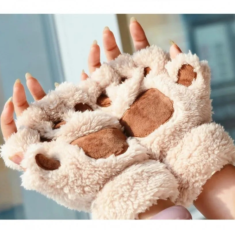 Cute Cat Paw Fingerless Mittens Plush Half-Finger Warm Fluffy Gloves for Women & Unisex