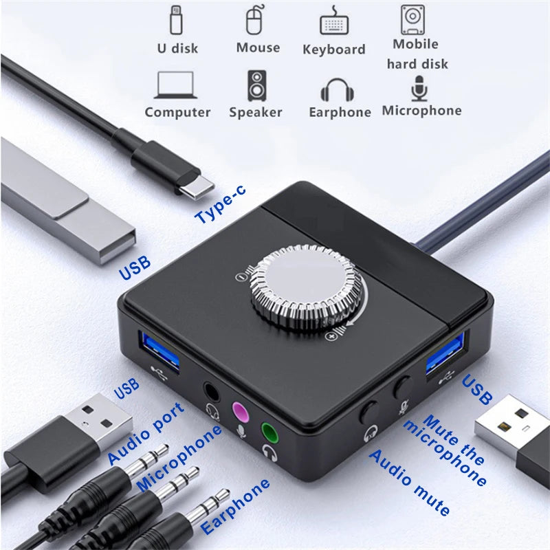 USB External Sound Card with 3-Port USB Hub – Plug-and-Play Audio Adapter for Headset & Microphone, 15Hz–25kHz