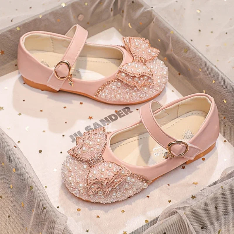 Girls Princess Glitter Ballet Flats, Rhinestone Party & Wedding Shoes — PU Leather, Non-Slip Rubber Sole