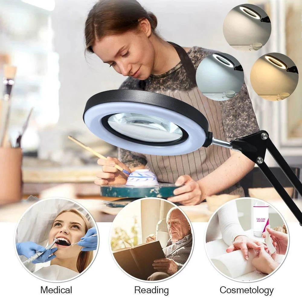 72-LED USB Magnifying Lamp 8X/10X 4.2in (106mm) Glass Lens Dimmable 3-Color LED Magnifier with Adjustable Arm & Clamp for Soldering Repair Crafts Beauty