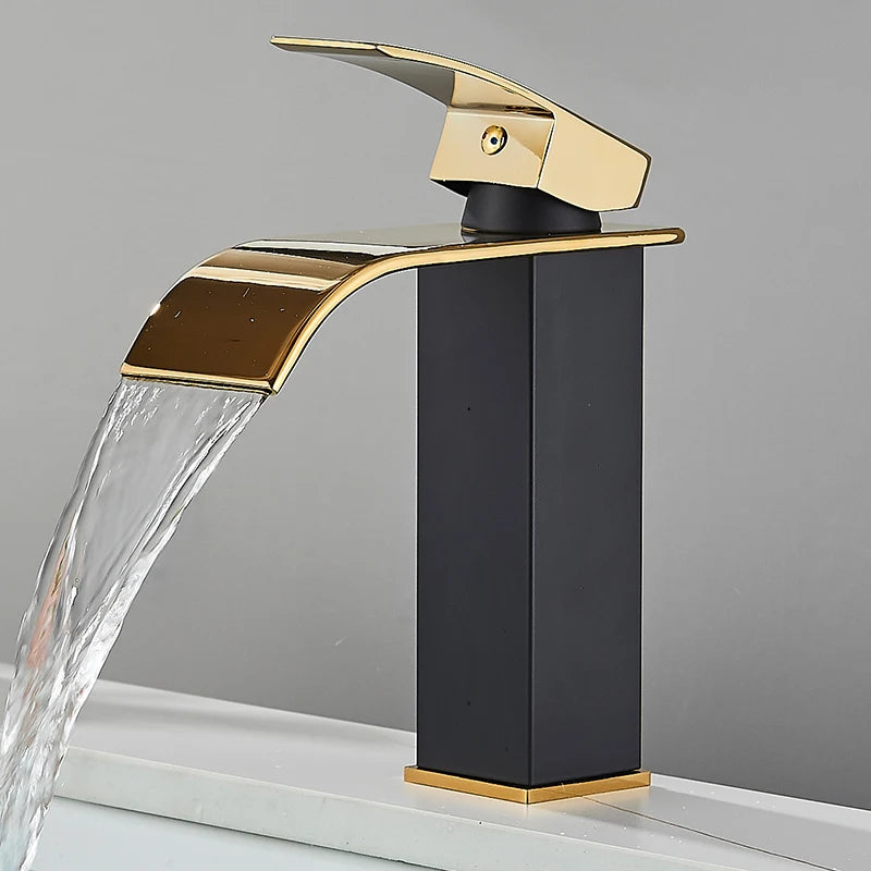 Matte Black Waterfall Basin Faucet - Single-Handle Mixer Tap for Bathroom Sink (Deck-Mounted, Hot & Cold)