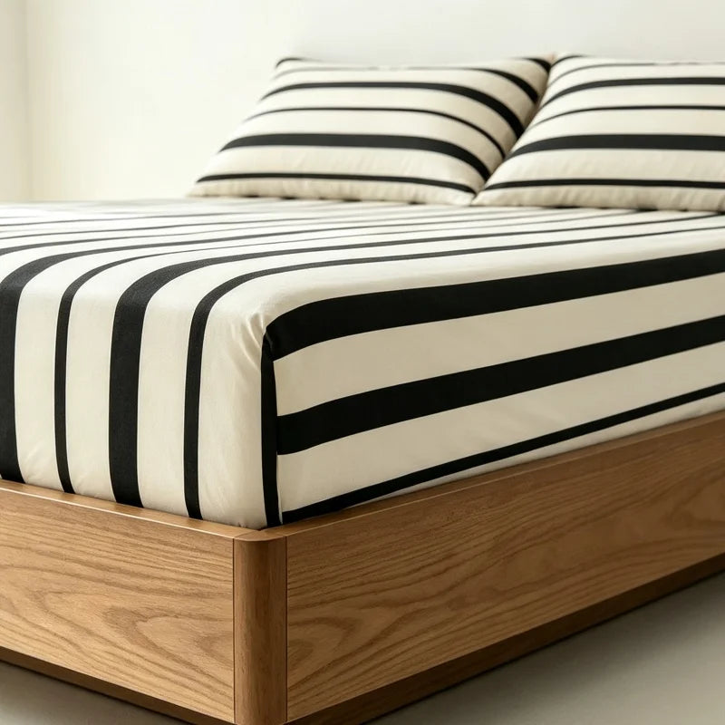 3-Piece Striped Fitted Sheet Set with Elastic Anti-Slip Skirt — 1 Fitted Sheet + 2 Pillowcases, Multiple Sizes (100–220 cm / 39–87 in)