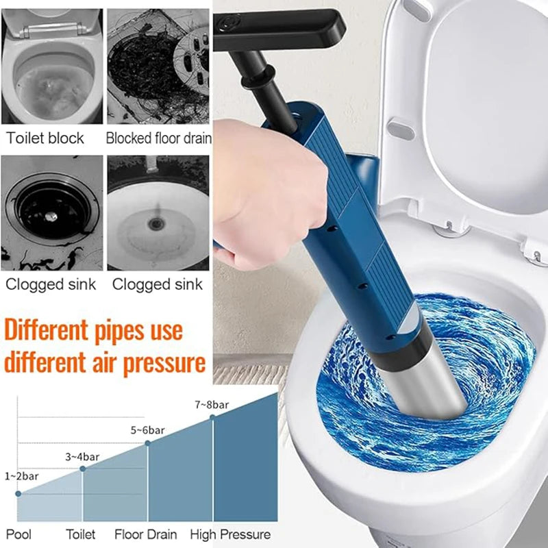 Stainless Steel Pneumatic Toilet Plunger & Air Drain Blaster - High-Pressure Pipe Unblocker Tool Set