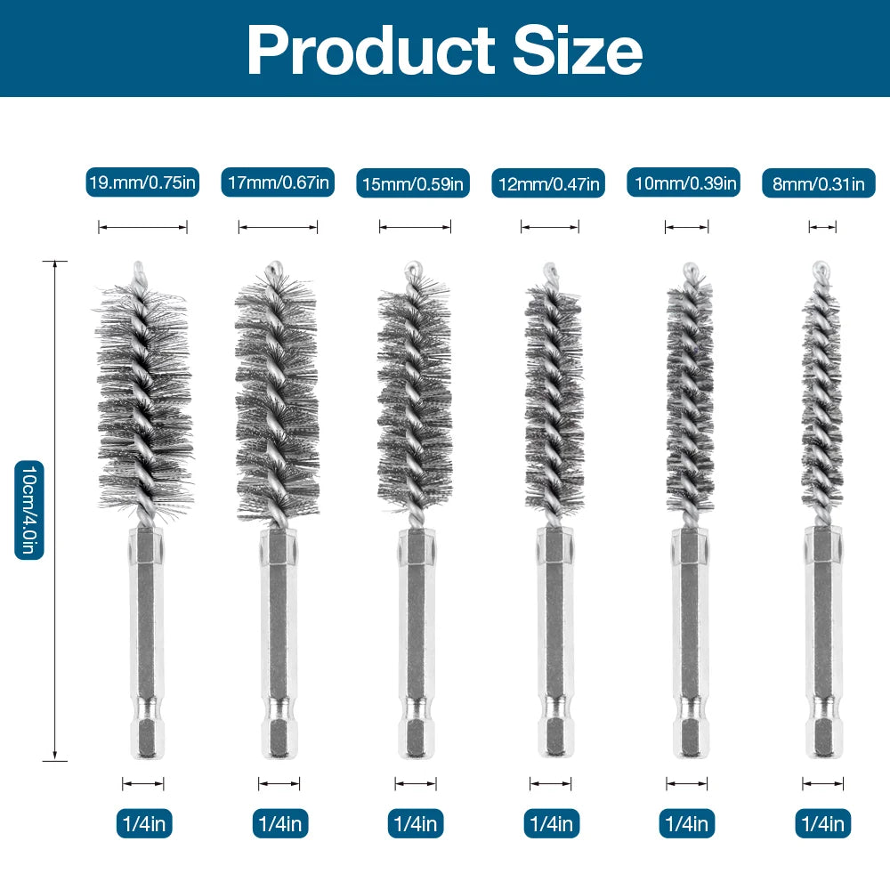 6/12-Pack Stainless Steel Drill Wire Brush Set — 1/4 in (6.35 mm) Hex Shank, 8/10/12/15/17/19 mm Bore Cleaning & Rust Removal