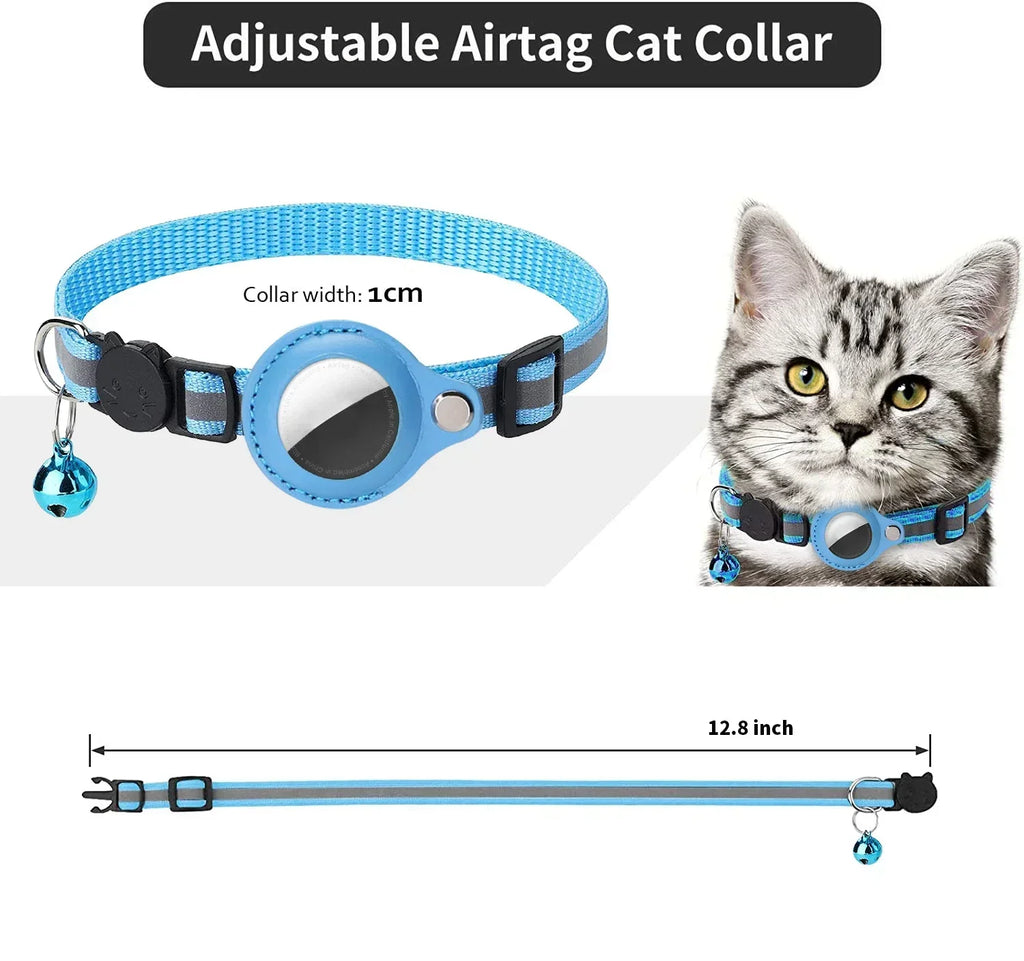 Adjustable Reflective Cat Collar with Tracker Case & Bell — Protective PU Holder for Bluetooth GPS Trackers, 22–34 cm (8.7–13.4 in)