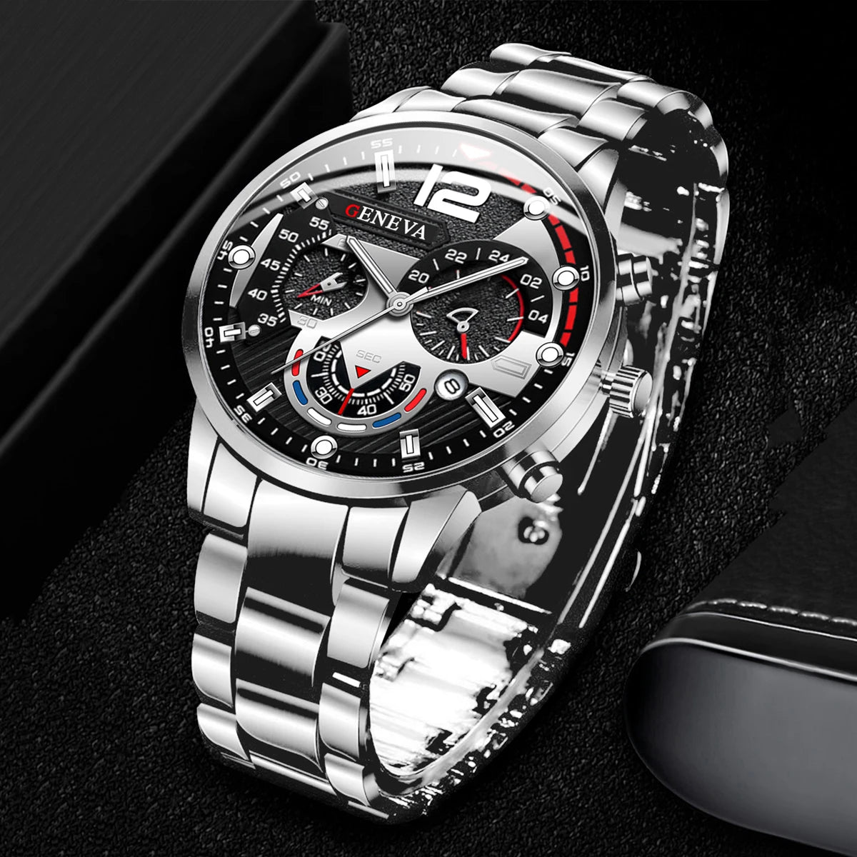 Men's Stainless Steel Analog Quartz Watch with Calendar - 42mm Case, Folding Clasp